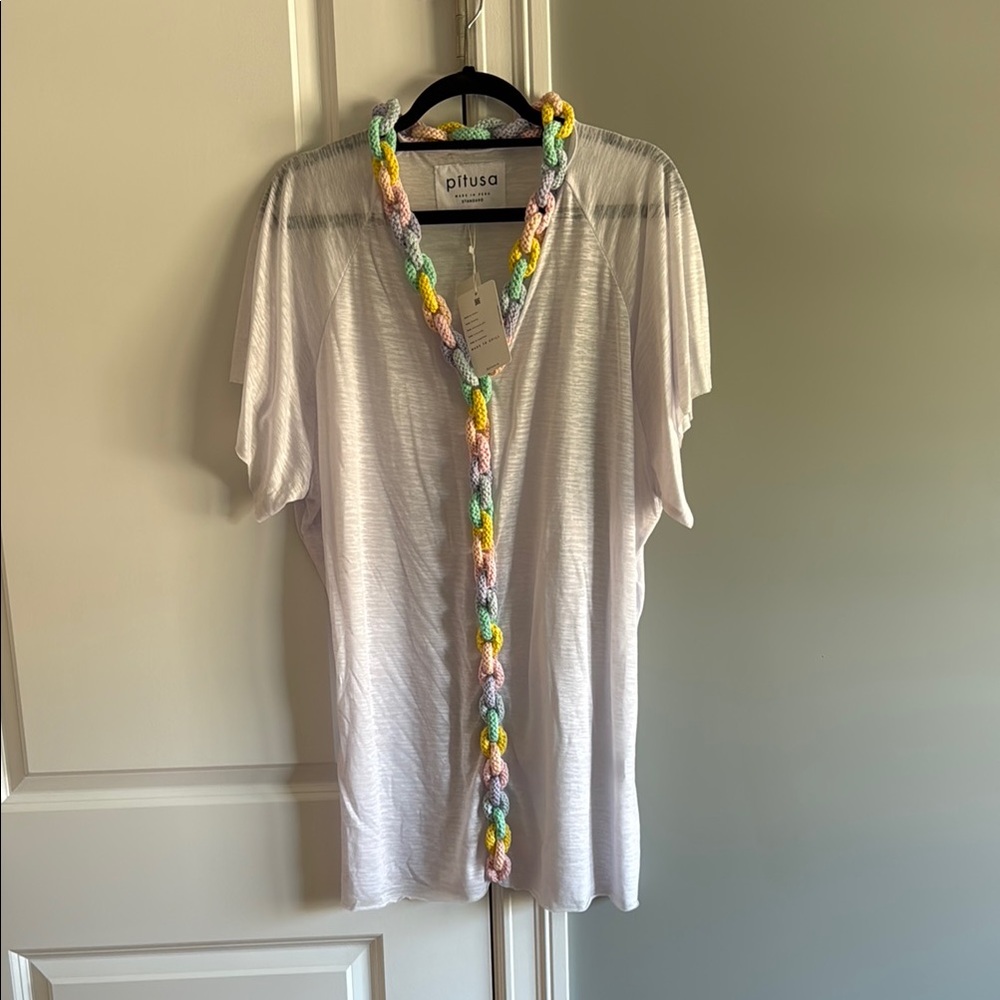 Pitusa White V-Neck Tunic coverup with Pastel Braided Crochet Trim